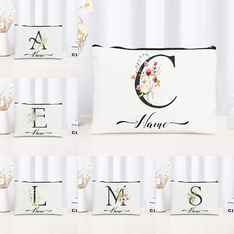 Beauty Makeup Bridal - กระเป๋าเครื่องสำอางผ้าแคนวาสลายดอกไม้ป่าพร้อมอักษรย่อส่วนตัว, ของขวัญสั่งทำพิเศษสำหรับผู้หญิงและสุภาพสตรี, เหมาะสำหรับงานแต่งงาน, ท่องเที่ยว, เก็บเครื่องสำอาง และใช้ในชีวิตประจำวัน